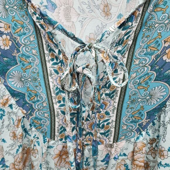 Brown Coco Bohemian Top Womens 1XL Green Blue Tan Front Ties Smocked Cuffs Boho - Picture 4 of 11